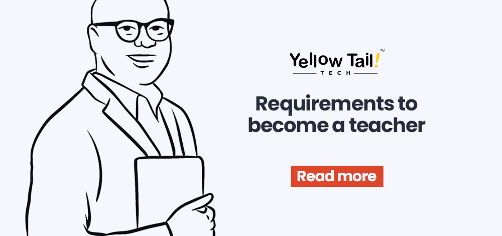 Illustration of a teacher with text Requirements to become a teacher and a Read more button by Yellow Tail Tech.