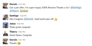 A screenshot of Darwin's message announcing that he received a job offer